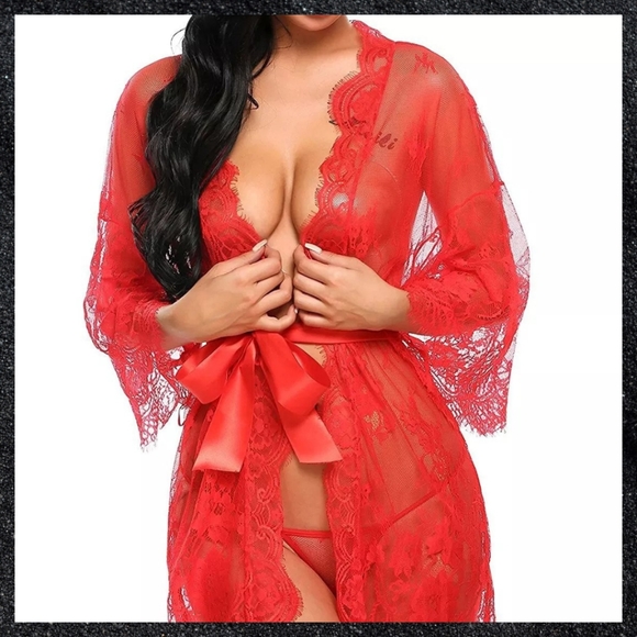Red Sheer Floral Lace Robe - Picture 6 of 8